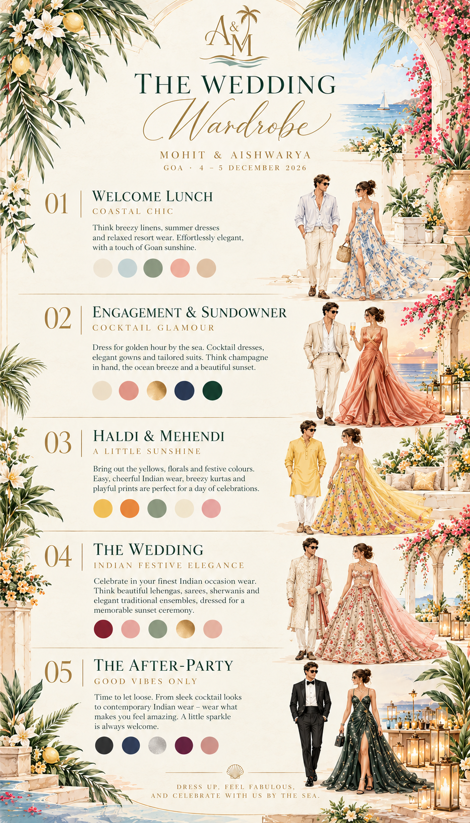 The Wedding Wardrobe — dress code for Welcome Lunch, Engagement & Sundowner, Haldi & Mehendi, The Wedding, and The After-Party